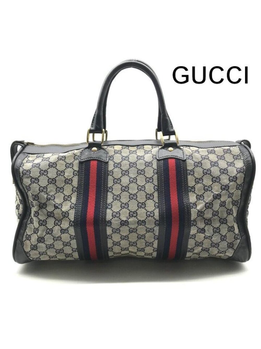 Gucci GG Canvas Leather Sherry Hand Boston Bag Navy